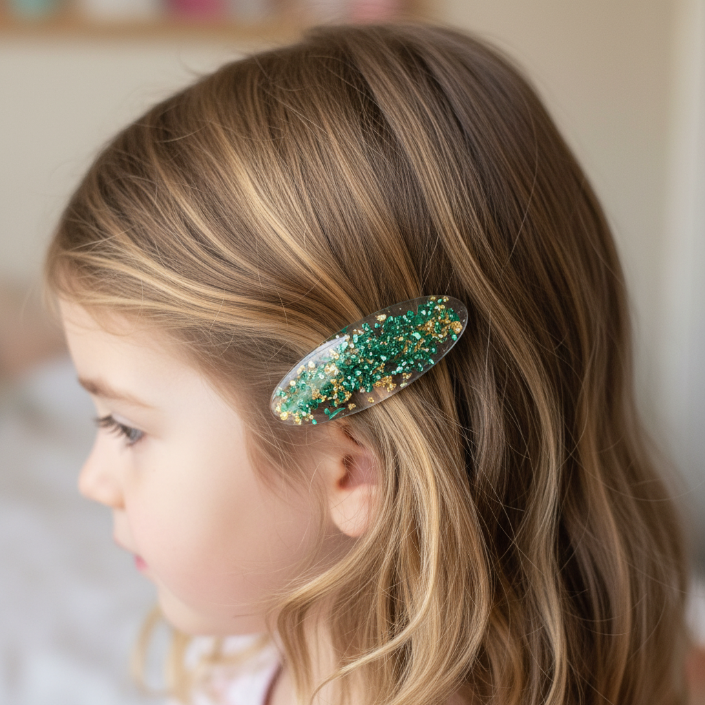 Green Gold Clip in Child's Hair
