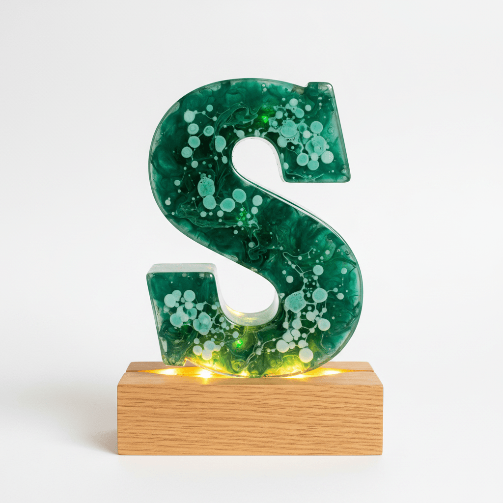Green Swirl Resin Lighted Letter – Handmade Initial Night Light - The Glossy Gift Shop