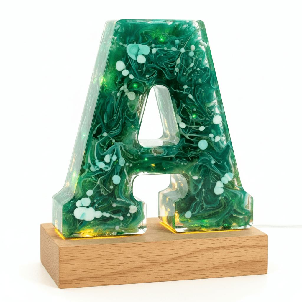 Green Swirl Resin Lighted Letter – Handmade Initial Night Light - The Glossy Gift Shop
