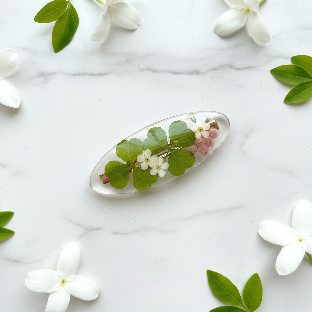 Green White Floral Hair Clip
