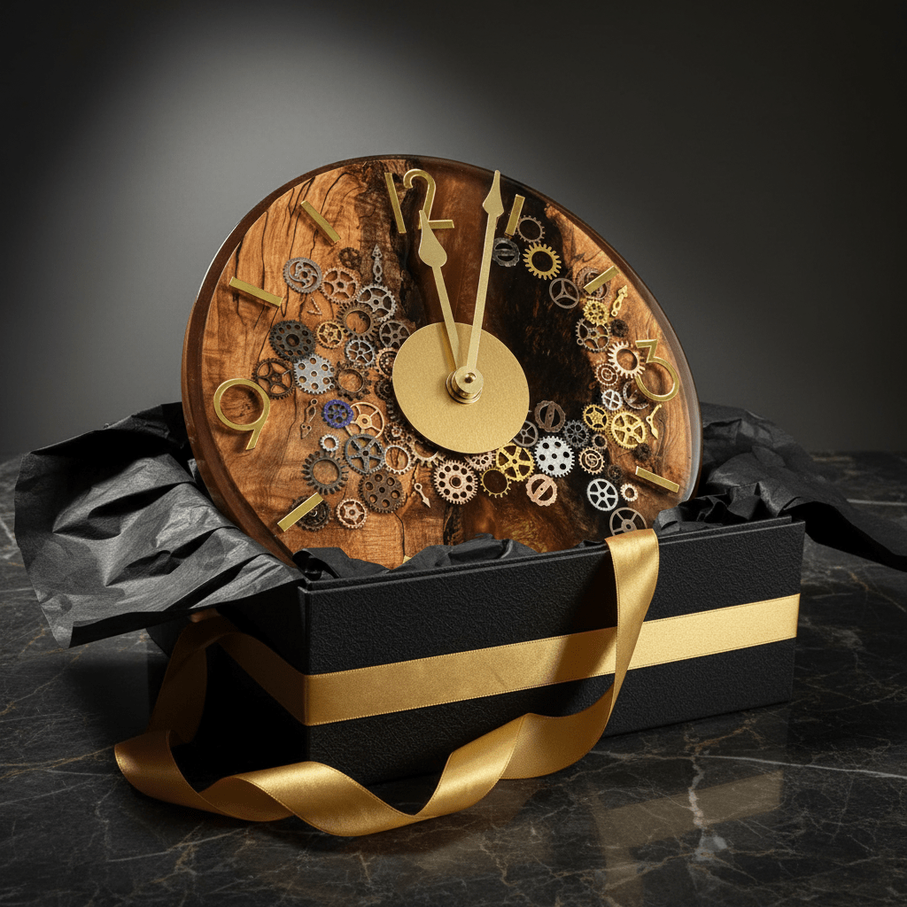 Handcrafted Black Walnut & Epoxy Resin Gear Clock – 12-Inch Gold Accent - The Glossy Gift Shop