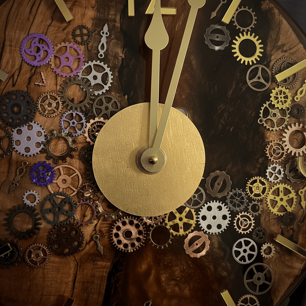 Handcrafted Black Walnut & Epoxy Resin Gear Clock – 12-Inch Gold Accent - The Glossy Gift Shop