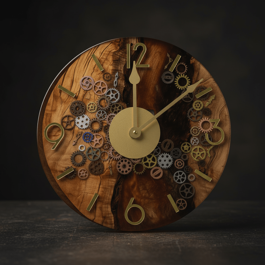Handcrafted Black Walnut & Epoxy Resin Gear Clock – 12-Inch Gold Accent - The Glossy Gift Shop