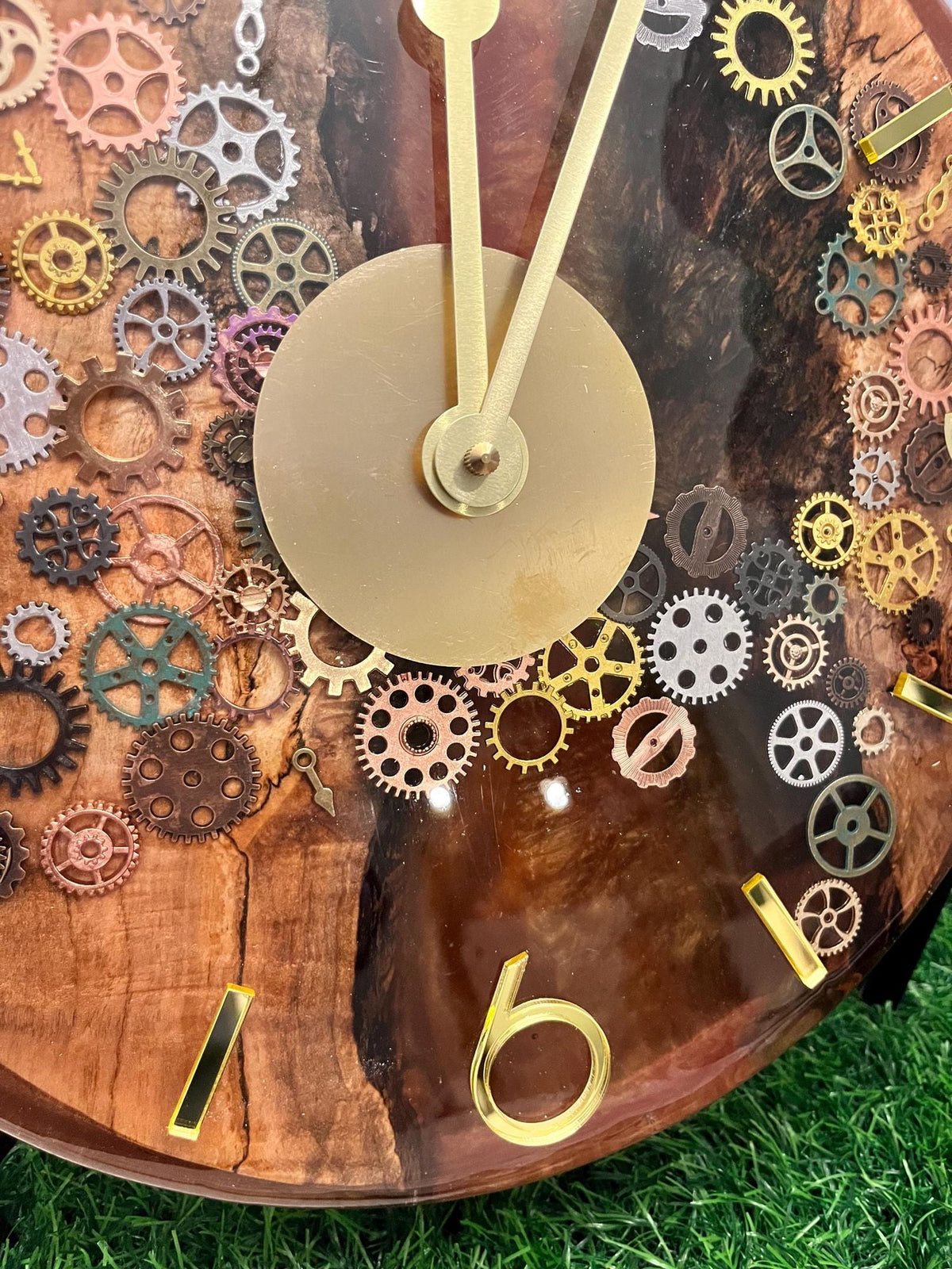 Handcrafted Black Walnut & Epoxy Resin Gear Clock – 12-Inch Gold Accent - The Glossy Gift Shop