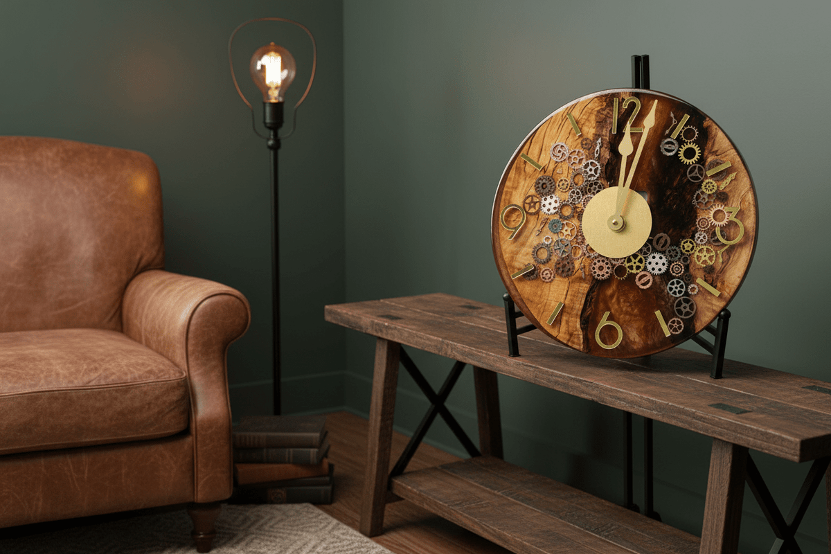 Handcrafted Black Walnut & Epoxy Resin Gear Clock – 12-Inch Gold Accent - The Glossy Gift Shop