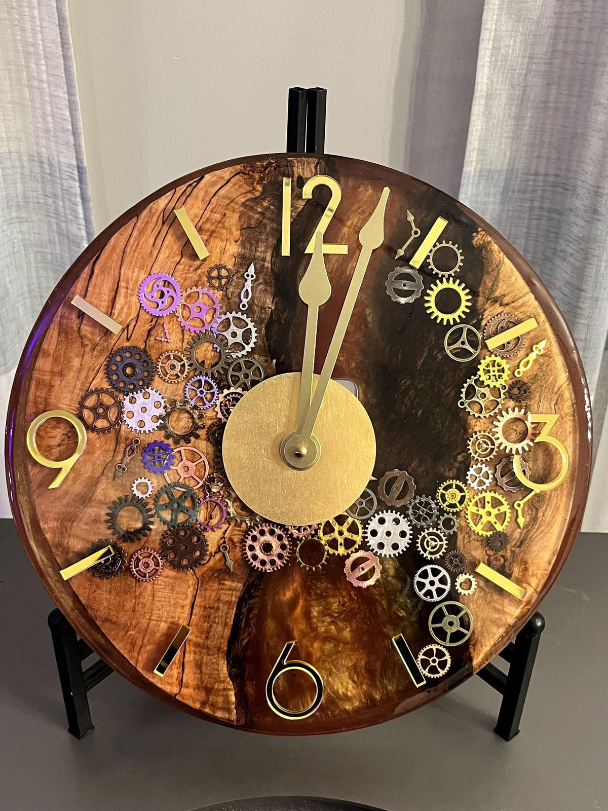 Handcrafted Black Walnut & Epoxy Resin Gear Clock – 12-Inch Gold Accent - The Glossy Gift Shop