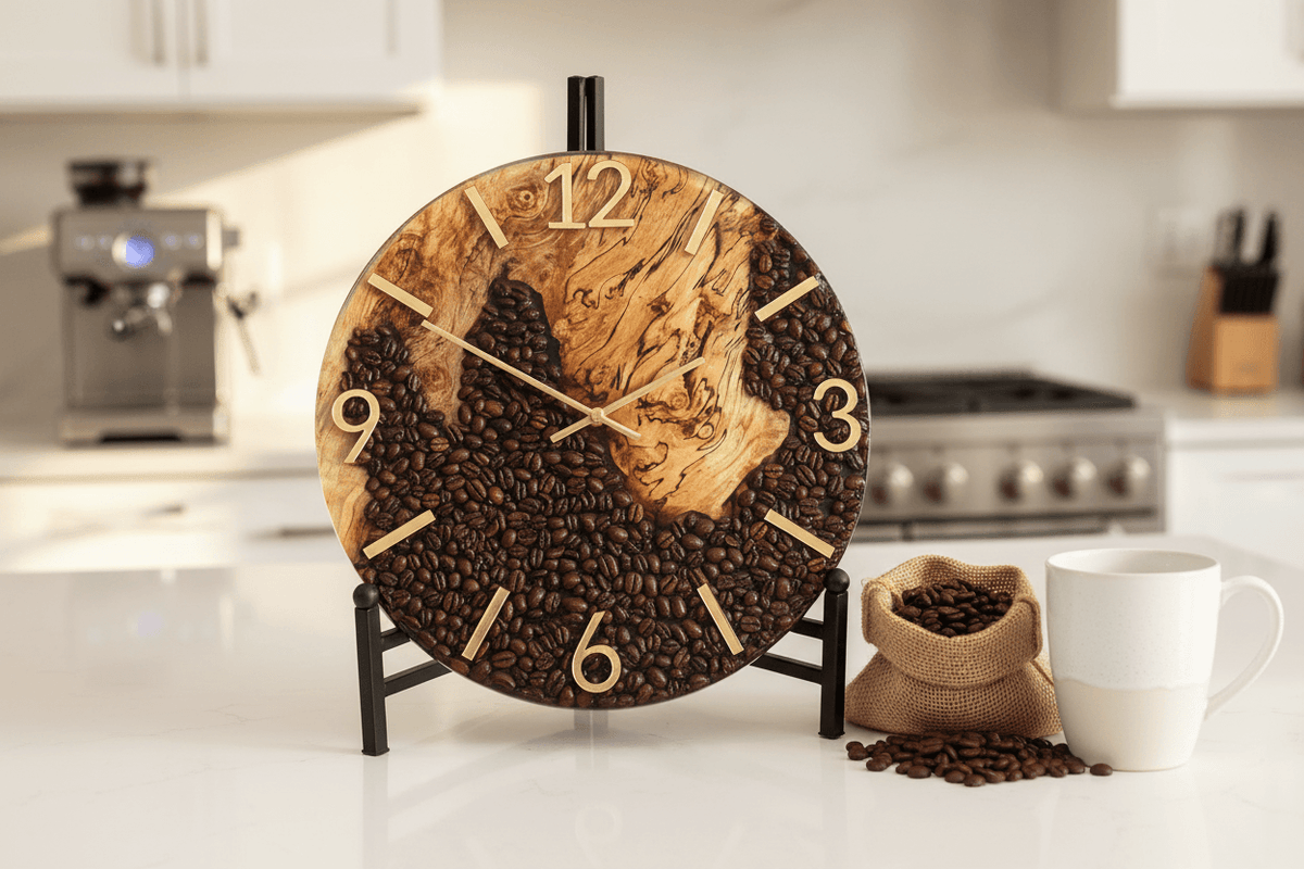 Handcrafted Coffee Bean & Black Walnut Wall Clock – 12-Inch Coffee Lover Gift - The Glossy Gift Shop
