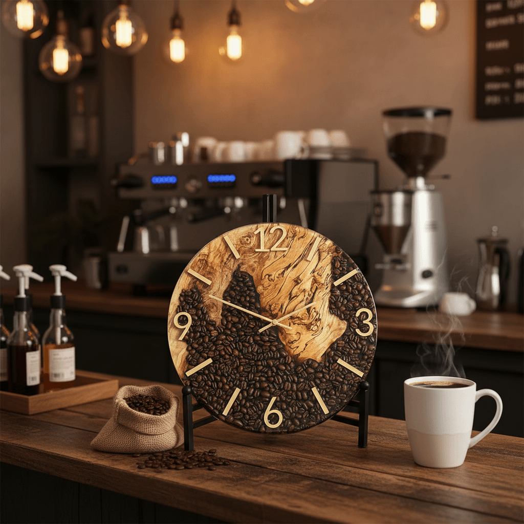 Handcrafted Coffee Bean & Black Walnut Wall Clock – 12-Inch Coffee Lover Gift - The Glossy Gift Shop