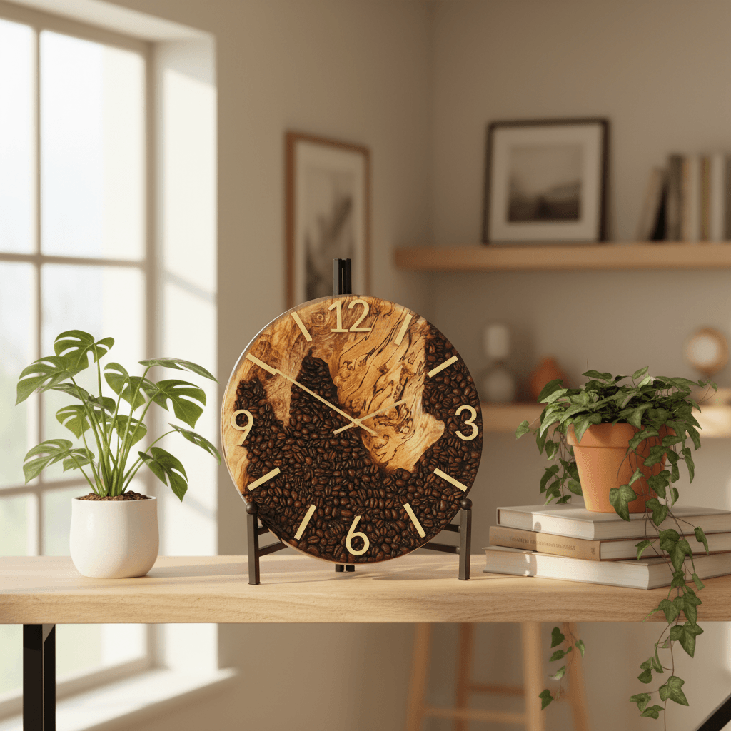 Handcrafted Coffee Bean & Black Walnut Wall Clock – 12-Inch Coffee Lover Gift - The Glossy Gift Shop