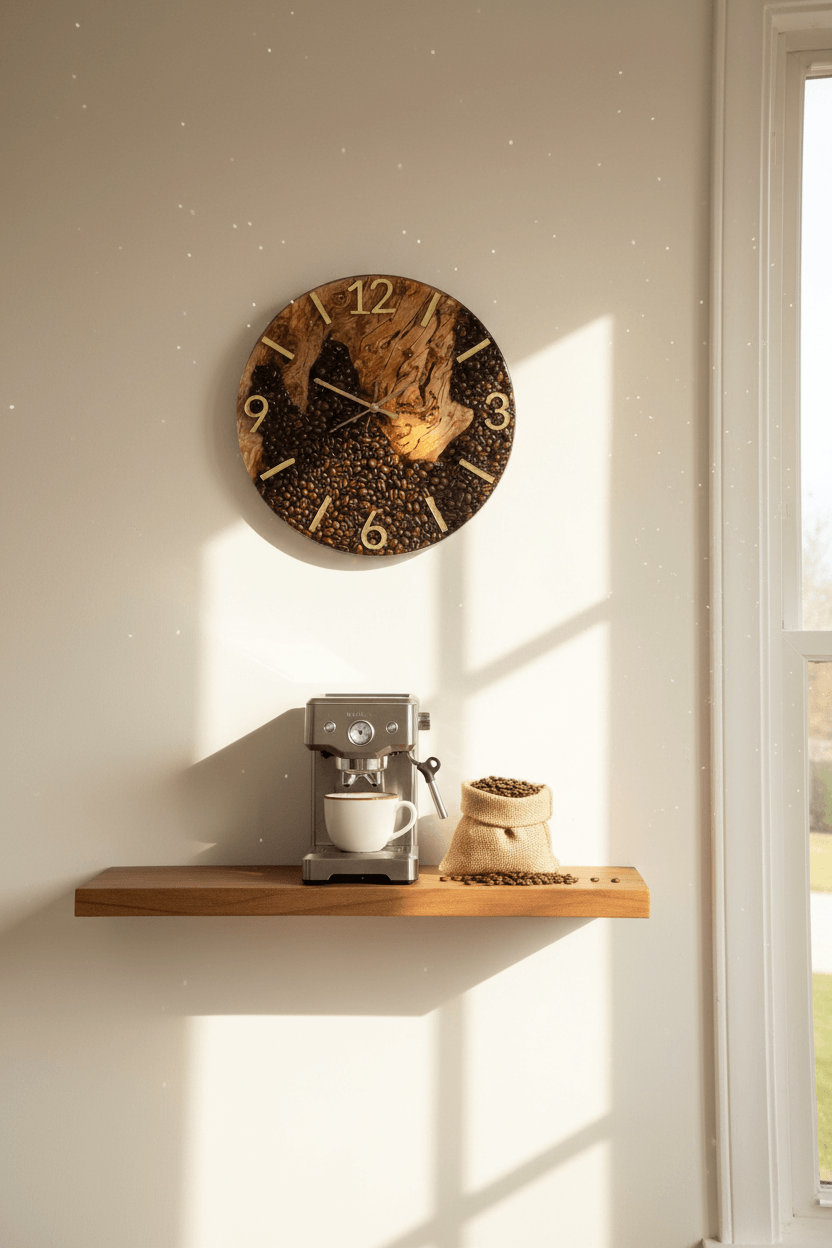 Handcrafted Coffee Bean & Black Walnut Wall Clock – 12-Inch Coffee Lover Gift - The Glossy Gift Shop