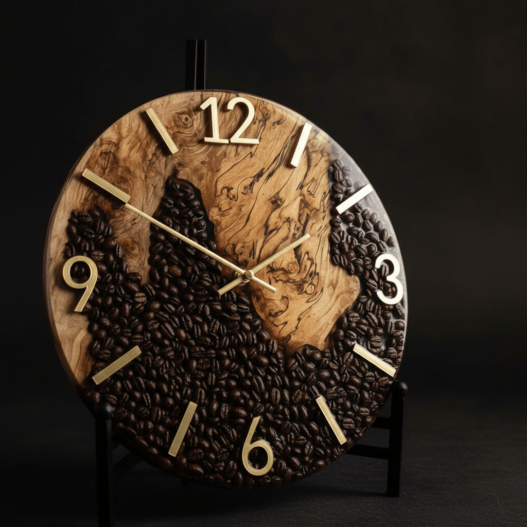 Handcrafted Coffee Bean & Black Walnut Wall Clock – 12-Inch Coffee Lover Gift - The Glossy Gift Shop