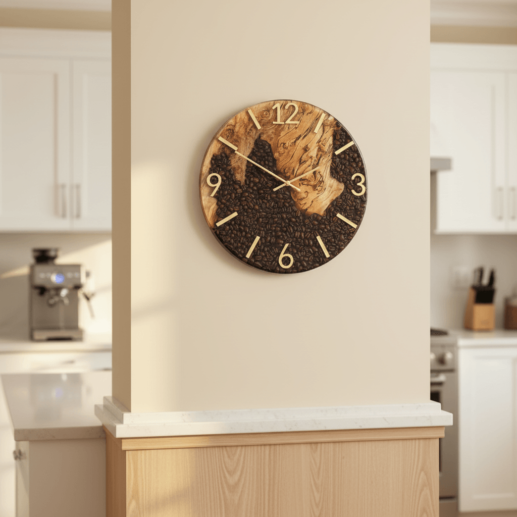 Handcrafted Coffee Bean & Black Walnut Wall Clock – 12-Inch Coffee Lover Gift - The Glossy Gift Shop