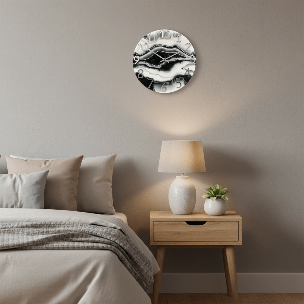 Handcrafted Marbleized Resin Wall Clock – Black, Gray & Silver, 12-Inch - The Glossy Gift Shop