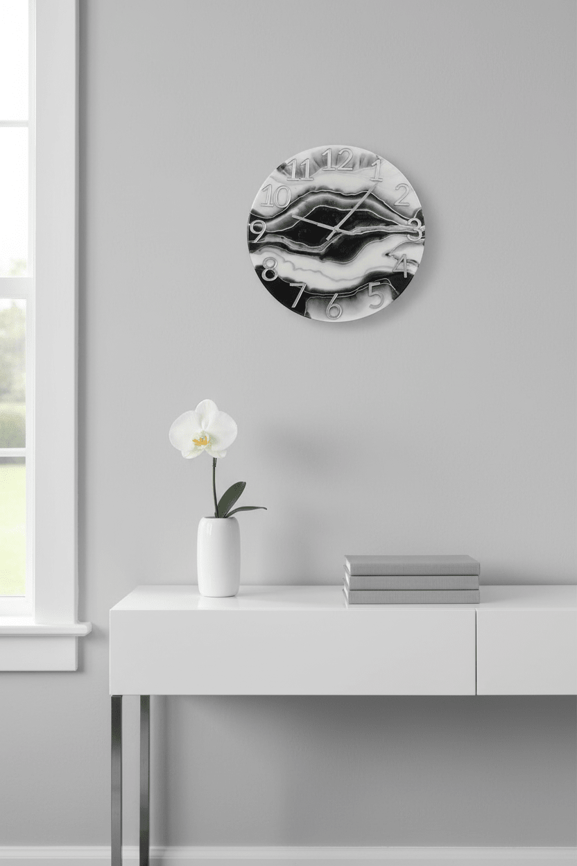 Handcrafted Marbleized Resin Wall Clock – Black, Gray & Silver, 12-Inch - The Glossy Gift Shop