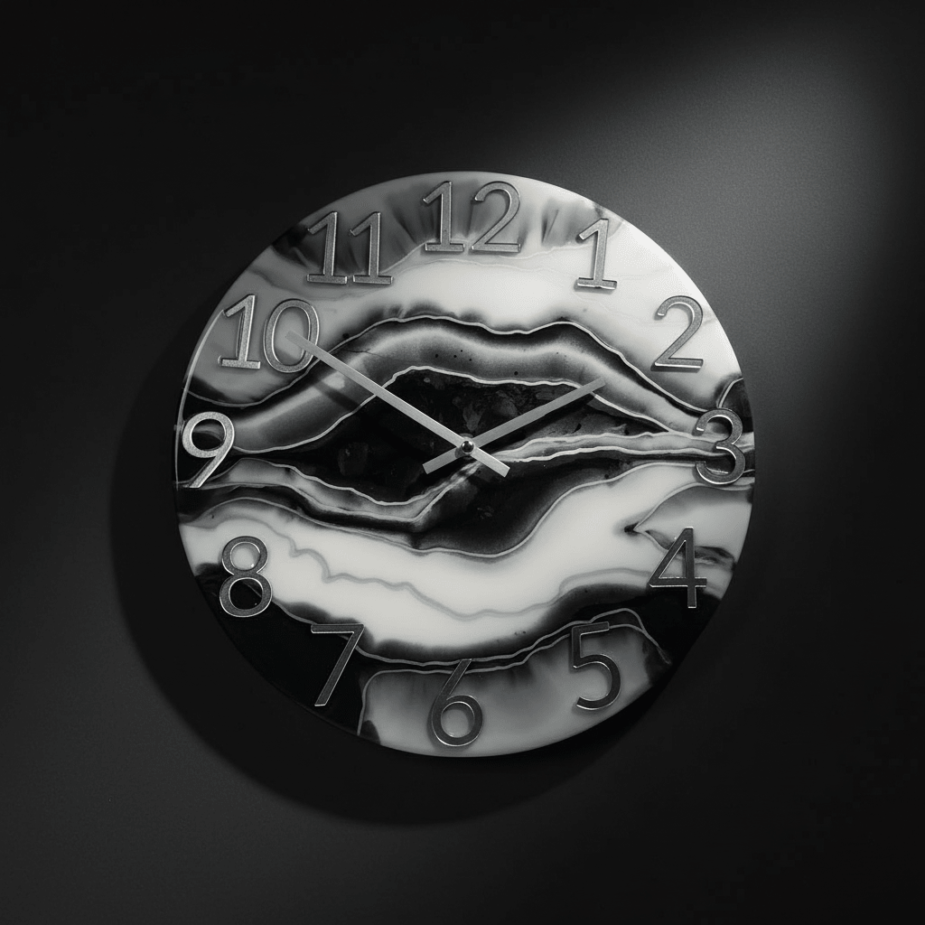 Handcrafted Marbleized Resin Wall Clock – Black, Gray & Silver, 12-Inch - The Glossy Gift Shop