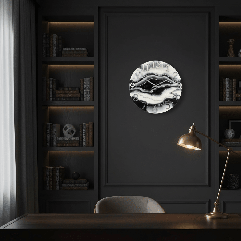 Handcrafted Marbleized Resin Wall Clock – Black, Gray & Silver, 12-Inch - The Glossy Gift Shop