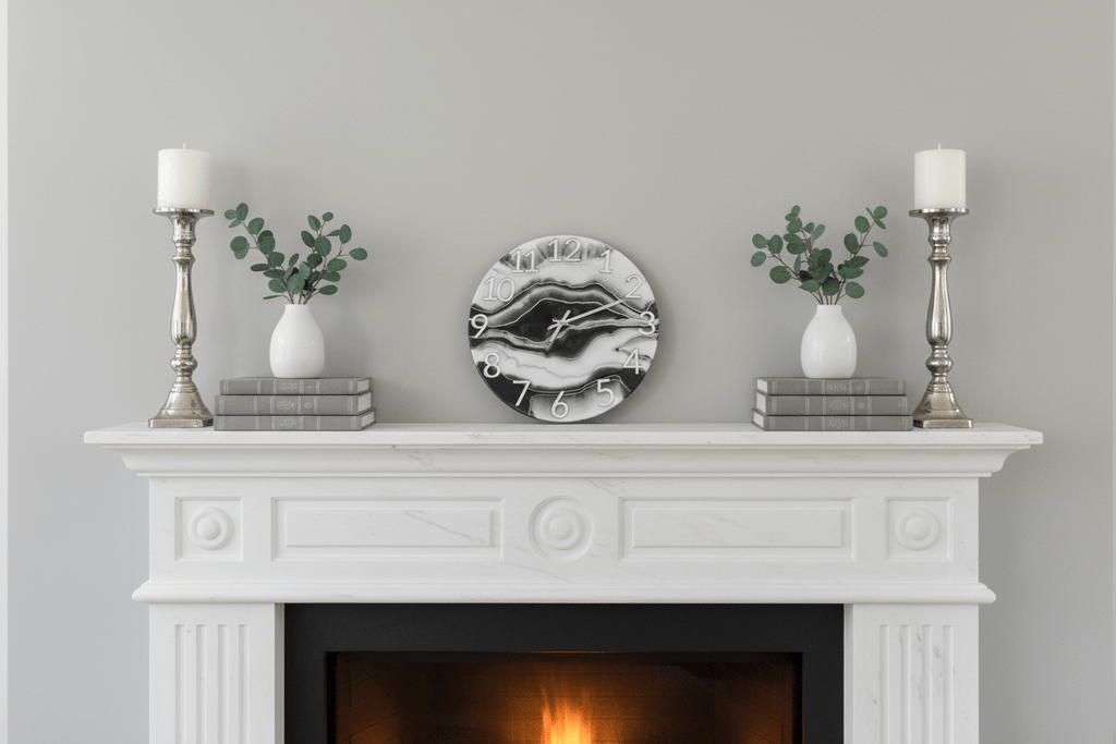 Handcrafted Marbleized Resin Wall Clock – Black, Gray & Silver, 12-Inch - The Glossy Gift Shop