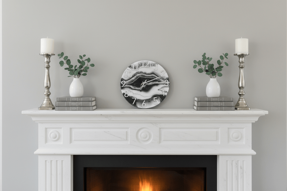 Handcrafted Marbleized Resin Wall Clock – Black, Gray & Silver, 12-Inch - The Glossy Gift Shop