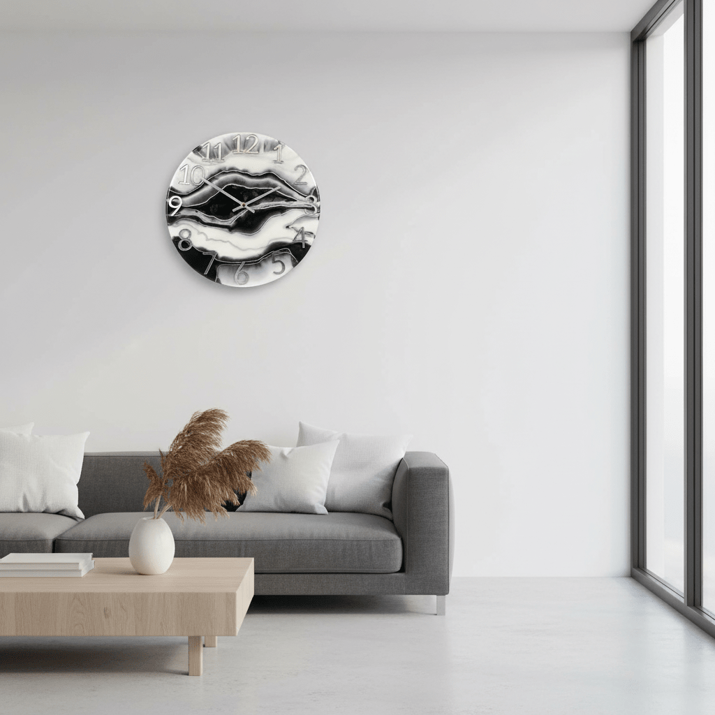 Handcrafted Marbleized Resin Wall Clock – Black, Gray & Silver, 12-Inch - The Glossy Gift Shop