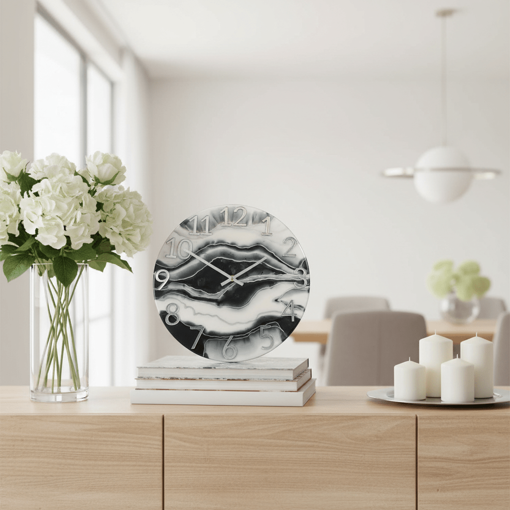 Handcrafted Marbleized Resin Wall Clock – Black, Gray & Silver, 12-Inch - The Glossy Gift Shop