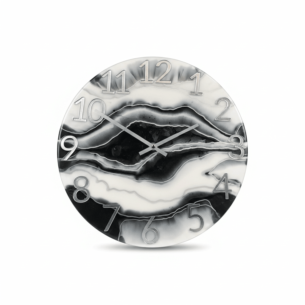 Handcrafted Marbleized Resin Wall Clock – Black, Gray & Silver, 12-Inch - The Glossy Gift Shop