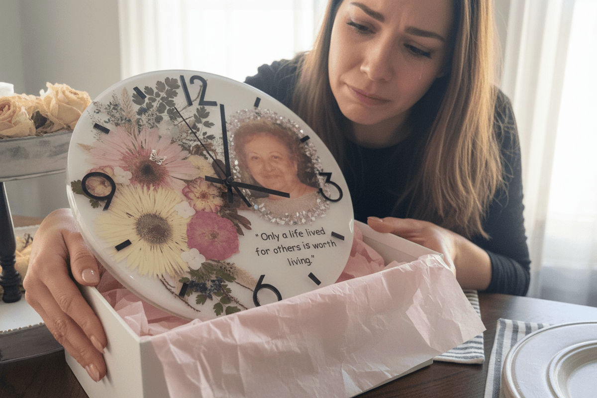 Handcrafted Personalized Memorial Clock – Photo, Quote & Flower Keepsake - The Glossy Gift Shop