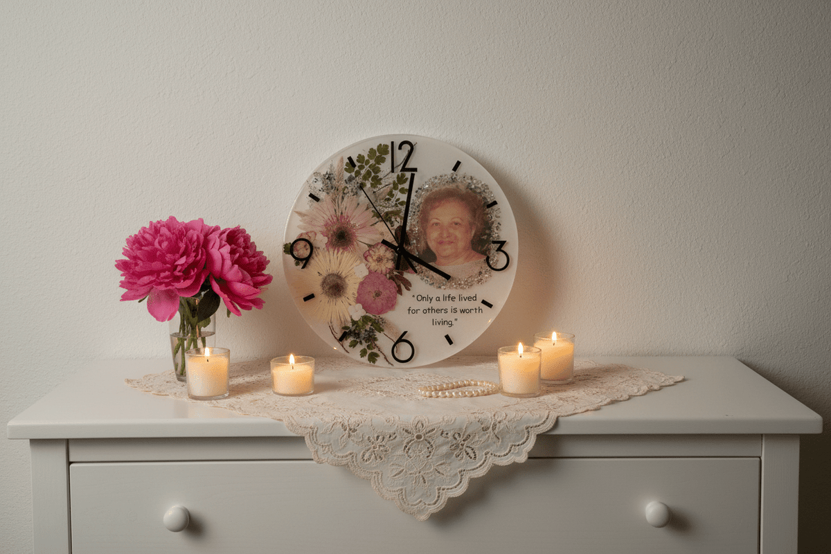 Handcrafted Personalized Memorial Clock – Photo, Quote & Flower Keepsake - The Glossy Gift Shop
