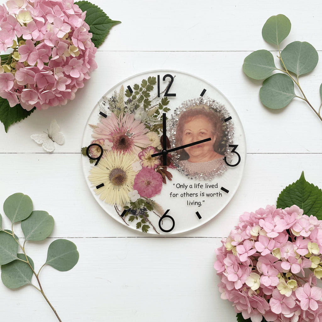 Handcrafted Personalized Memorial Clock – Photo, Quote & Flower Keepsake - The Glossy Gift Shop
