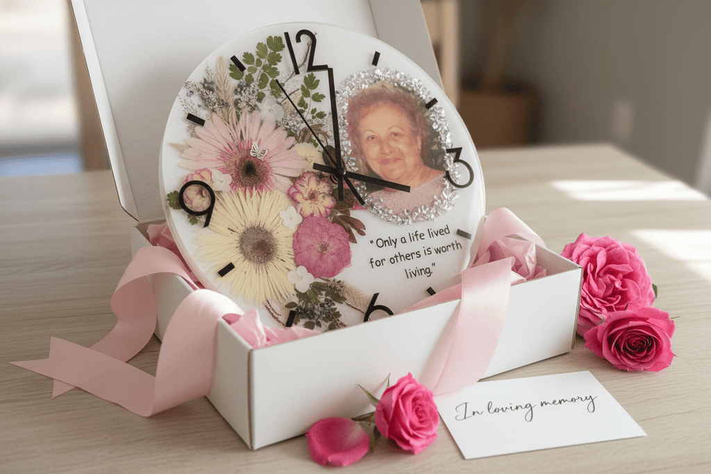 Handcrafted Personalized Memorial Clock – Photo, Quote & Flower Keepsake - The Glossy Gift Shop