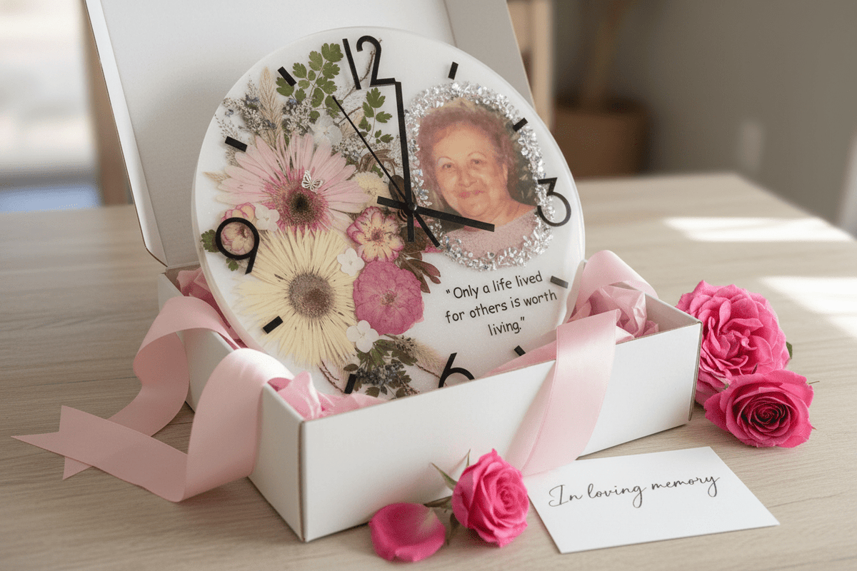 Handcrafted Personalized Memorial Clock – Photo, Quote & Flower Keepsake - The Glossy Gift Shop