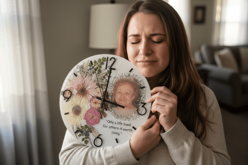 Handcrafted Personalized Memorial Clock – Photo, Quote & Flower Keepsake - The Glossy Gift Shop