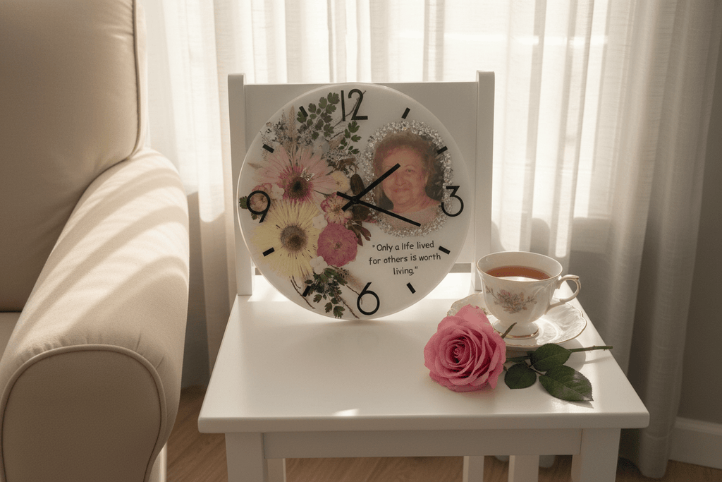 Handcrafted Personalized Memorial Clock – Photo, Quote & Flower Keepsake - The Glossy Gift Shop