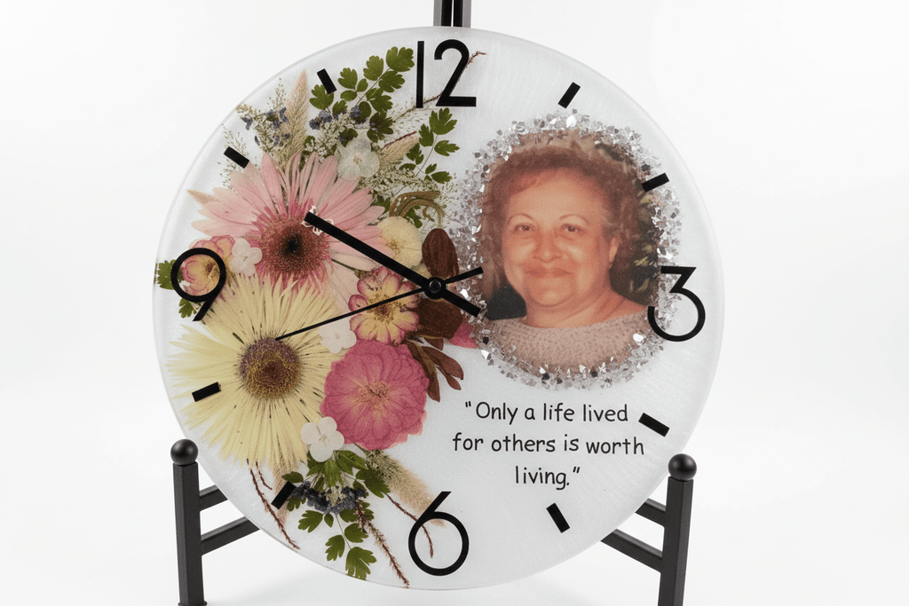 Handcrafted Personalized Memorial Clock – Photo, Quote & Flower Keepsake - The Glossy Gift Shop