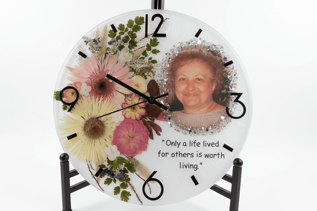 Handcrafted Personalized Memorial Clock – Photo, Quote & Flower Keepsake - The Glossy Gift Shop