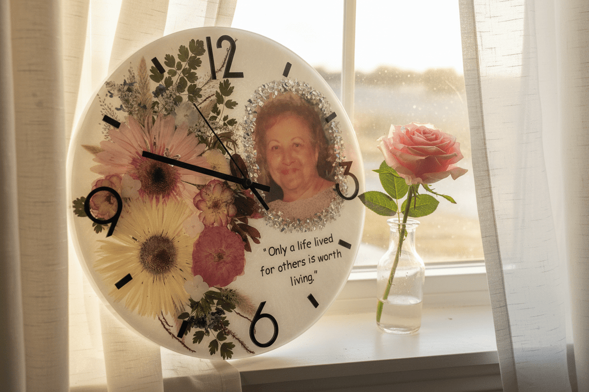 Handcrafted Personalized Memorial Clock – Photo, Quote & Flower Keepsake - The Glossy Gift Shop