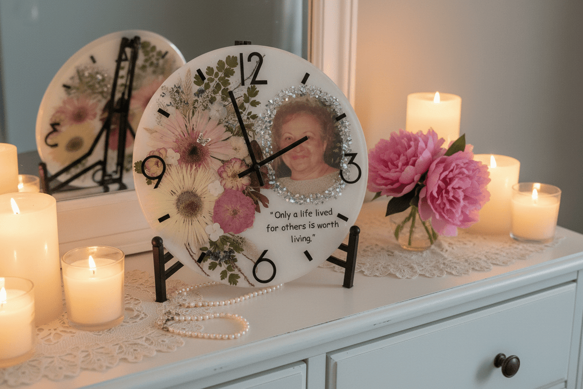Handcrafted Personalized Memorial Clock – Photo, Quote & Flower Keepsake - The Glossy Gift Shop