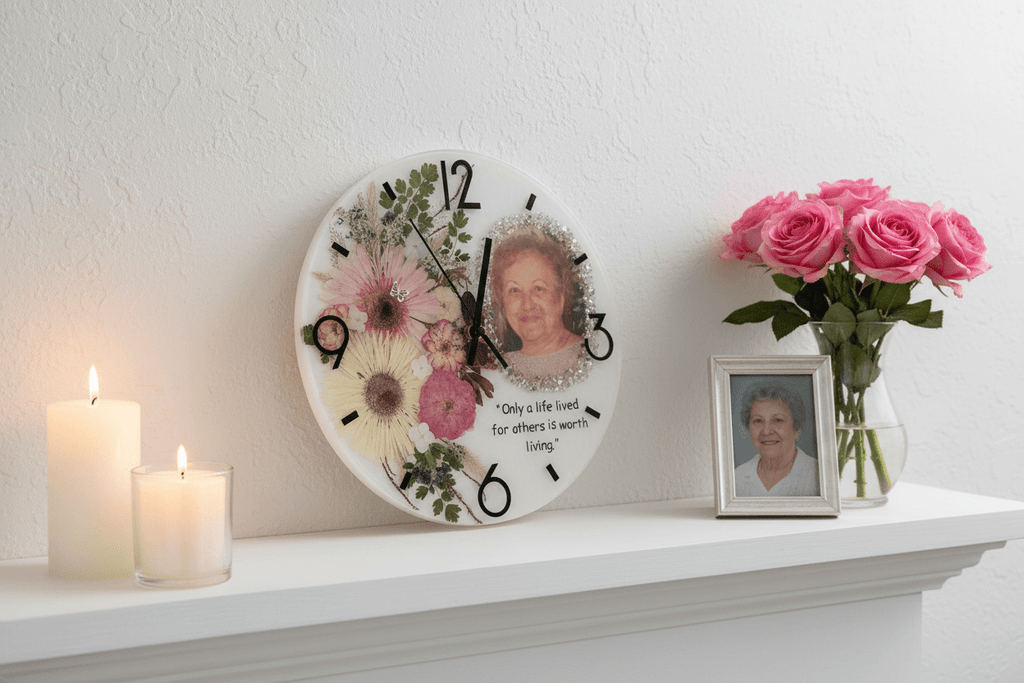 Handcrafted Personalized Memorial Clock – Photo, Quote & Flower Keepsake - The Glossy Gift Shop