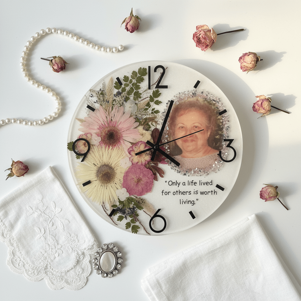 Handcrafted Personalized Memorial Clock – Photo, Quote & Flower Keepsake - The Glossy Gift Shop