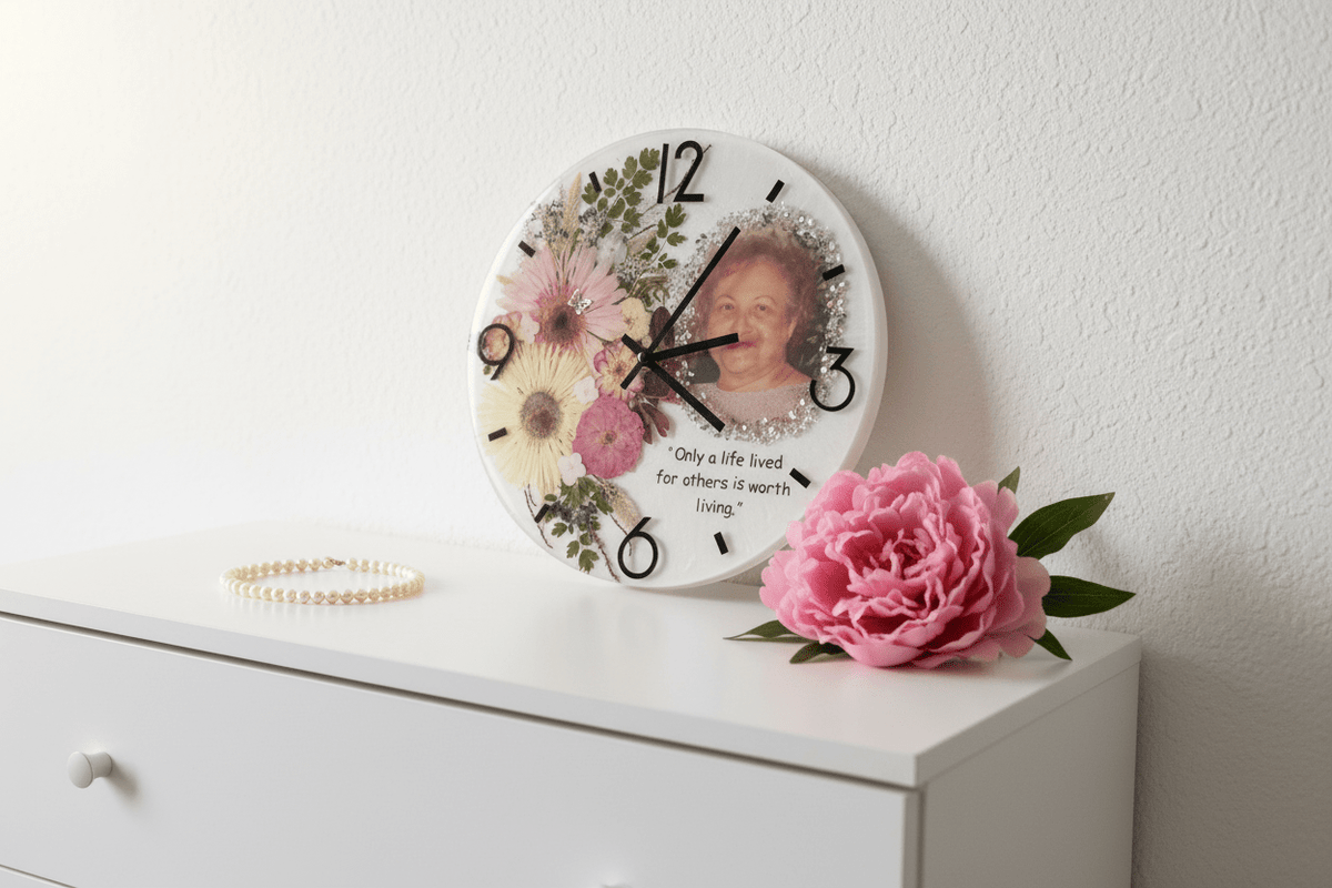 Handcrafted Personalized Memorial Clock – Photo, Quote & Flower Keepsake - The Glossy Gift Shop