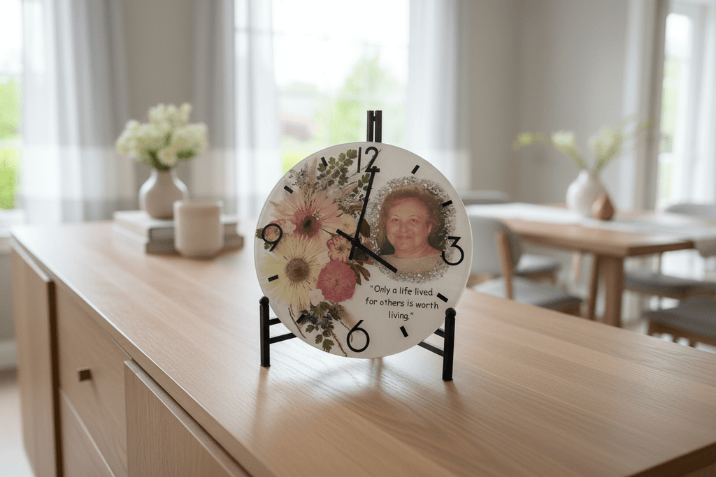 Handcrafted Personalized Memorial Clock – Photo, Quote & Flower Keepsake - The Glossy Gift Shop
