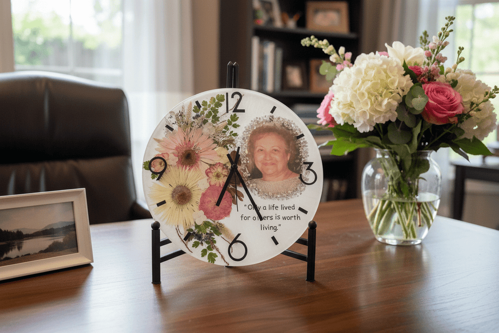 Handcrafted Personalized Memorial Clock – Photo, Quote & Flower Keepsake - The Glossy Gift Shop