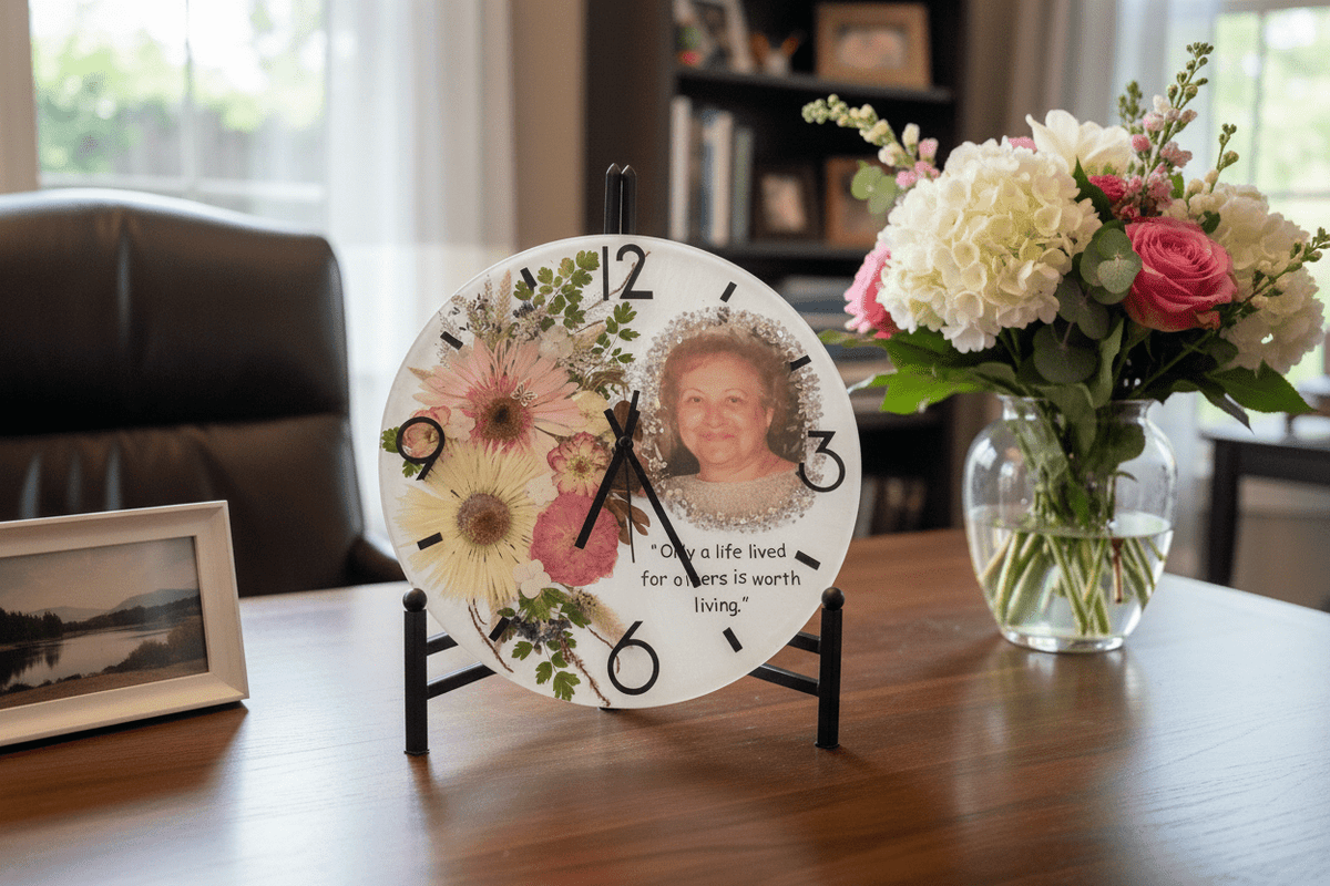 Handcrafted Personalized Memorial Clock – Photo, Quote & Flower Keepsake - The Glossy Gift Shop