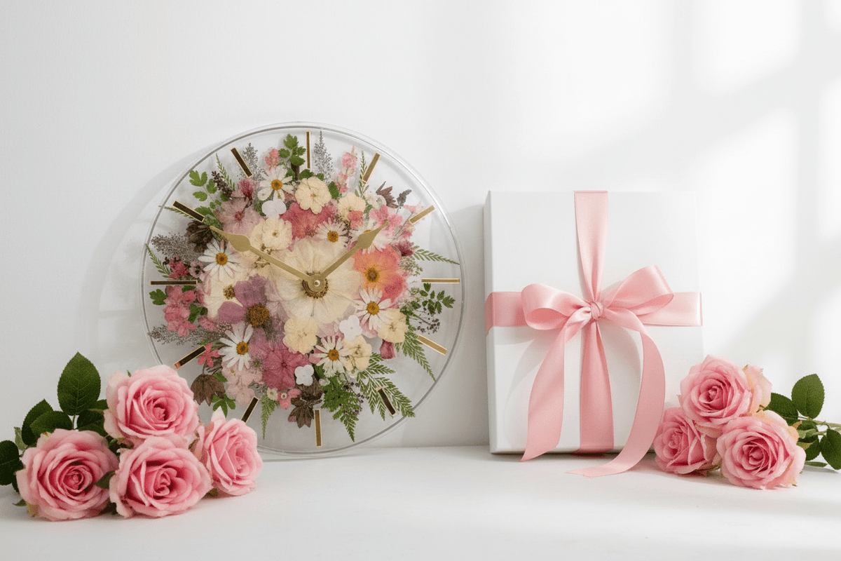 Handcrafted Pressed Flower Resin Wall Clock – Real Flowers & 12-Inch Floral Art - The Glossy Gift Shop
