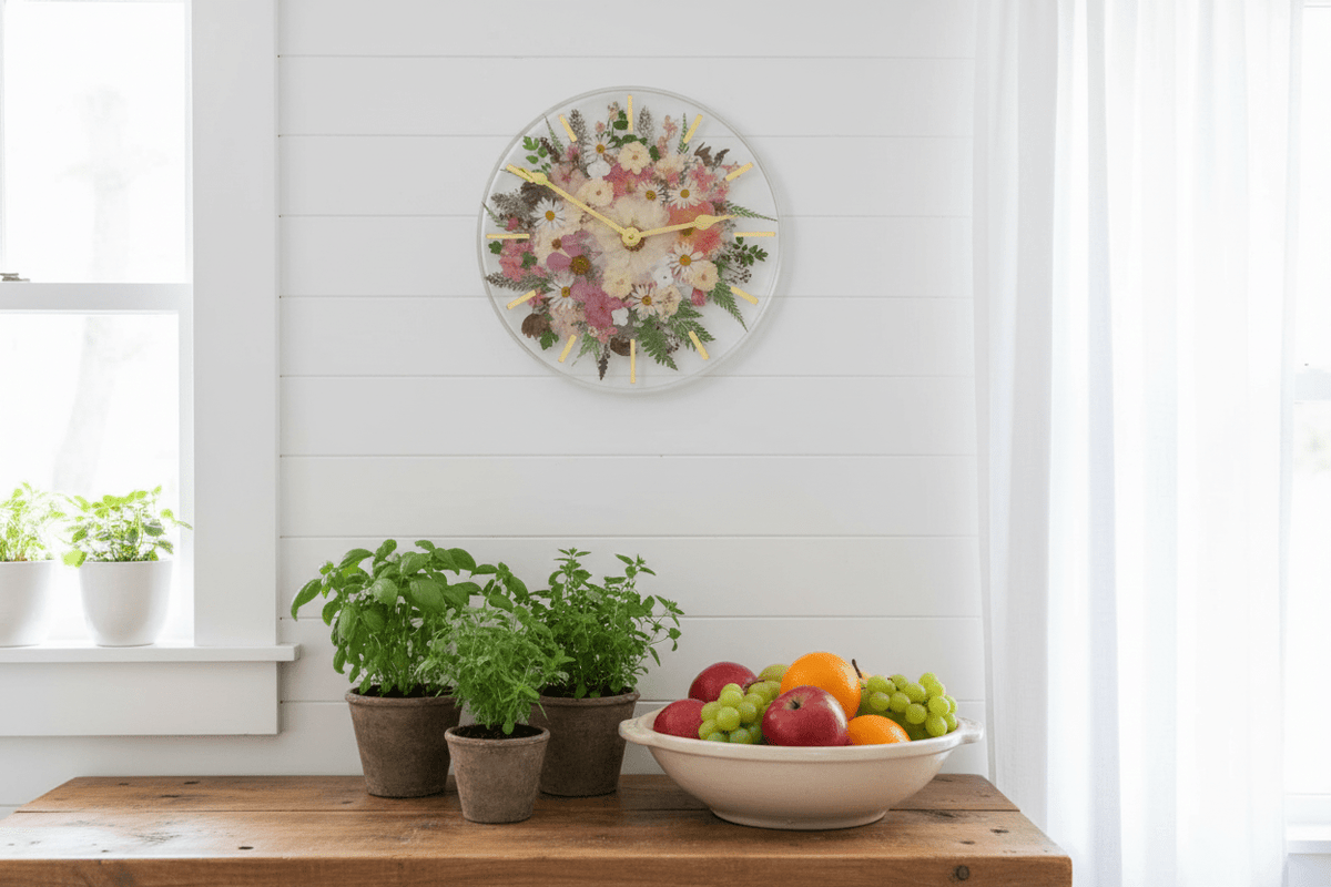 Handcrafted Pressed Flower Resin Wall Clock – Real Flowers & 12-Inch Floral Art - The Glossy Gift Shop