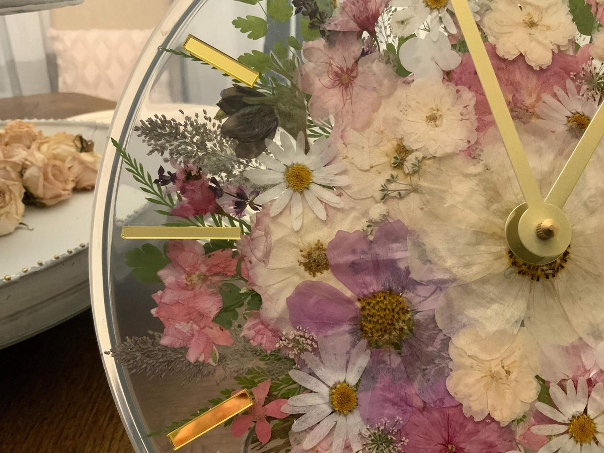 Handcrafted Pressed Flower Resin Wall Clock – Real Flowers & 12-Inch Floral Art - The Glossy Gift Shop