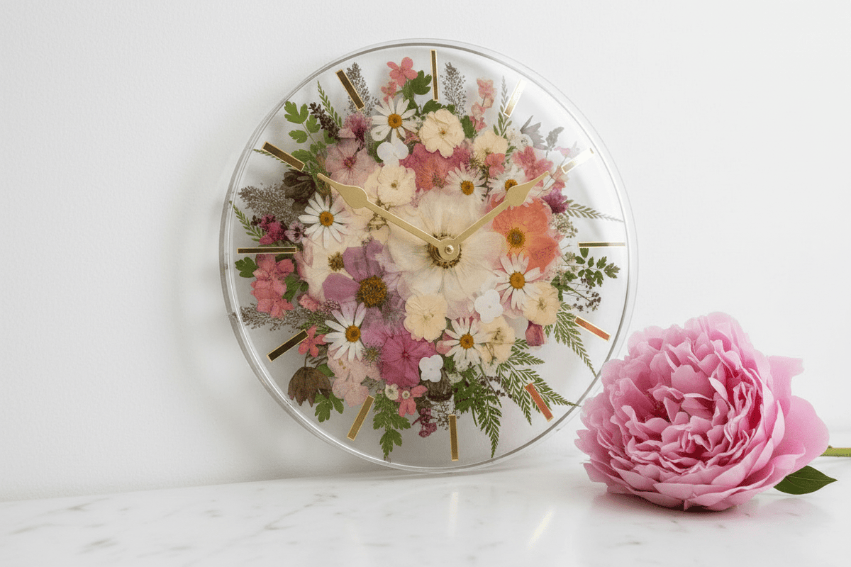 Handcrafted Pressed Flower Resin Wall Clock – Real Flowers & 12-Inch Floral Art - The Glossy Gift Shop