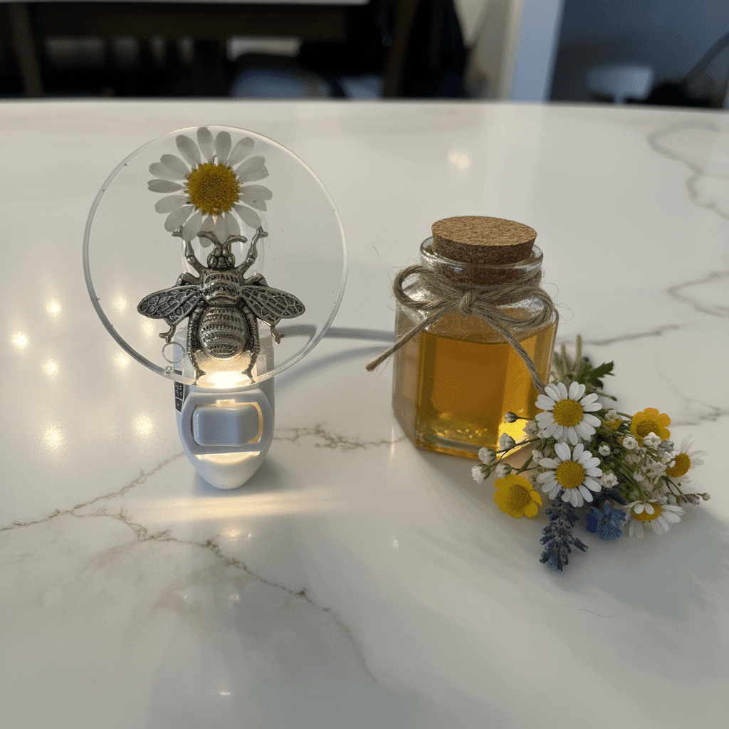 Handmade Resin LED Night Light – bee and daisy desigh with a jar of hony on marble counter top