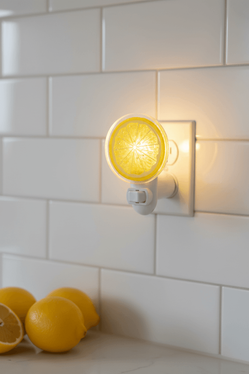 LED lemon design night light plugged into kitchen outlet and glowing
