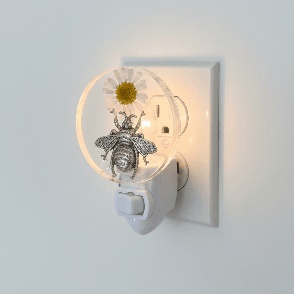 Bee and Daisy design led night light plugged into wall and glowing