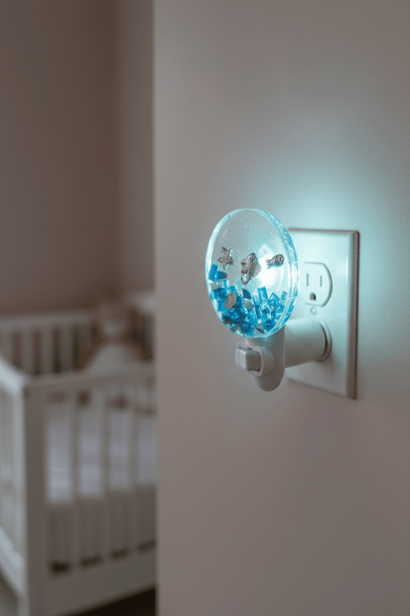 Ocean collection led night light plugged into a bedroom wall and glowing